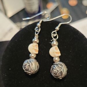 Silver and White Skull Rose Earrings